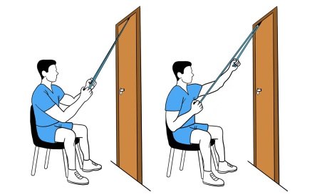 Two positions of a man practice shoulder pulley exercises