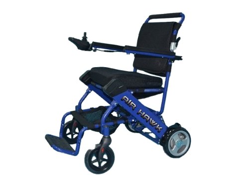 A blue/black Air Hawkfolding electric wheelchair