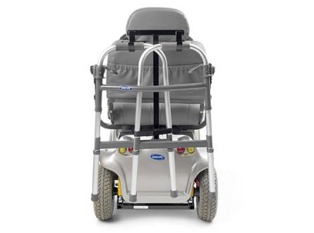 A scooter shown from behind with an Invacare® walker holder.